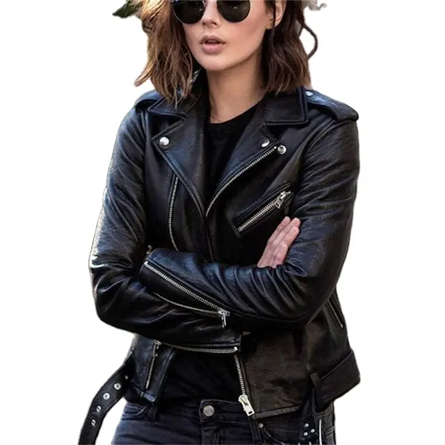 New European Motorcycle Ladies Leather Jacket Large Size Short Slim Long Sleeve Leather Jacket Women