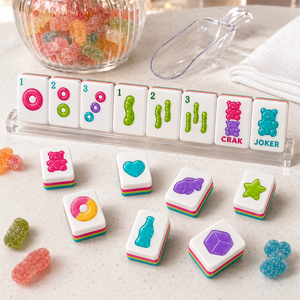 Jeu de Mahjong américain Gimme Gummy, 160 tuiles en acrylique à 4 couches avec dos rose, peintes à la main, fabricant OEM sous marque privée - Product Image 2