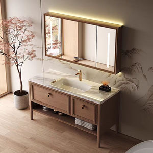 ตู้ห้องน้ำสีไม้แบบตั้งพื้นพร้อมอ่างล้างหน้าเซรามิกในตัว - Product Image 4