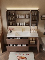 Kabinet Cermin Pintar dengan Wastafel Keramik, Terpasang di Dinding, Kayu Karet Vintage Modern, Garansi 5 Tahun untuk Penggunaan Hotel