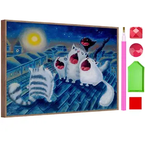 SONGWOO OEM Gaya Abstrak Kristal Besar Berlian Imitasi Persegi Berlian Dekorasi Dinding Kamar Tidur Kucing 5D DIY Berlian Seni Lukisan Kit