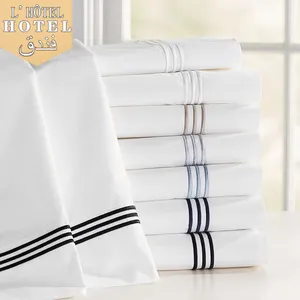 होटल संग्रह बिस्तर सेट कपास साटन होटल चादरें सफेद कशीदाकारी हेम शीट सेट