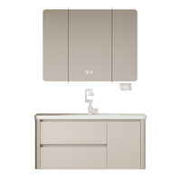 Meuble de salle de bain mural de luxe 60 cm couleur noyer, style médiéval, avec double tiroir, vasque en céramique intégrée, miroir et structure en aluminium