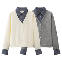 Pull en tricot à col chemise à carreaux pour femme, effet deux pièces, élégant et jeune, pour l'automne 15a-4013
