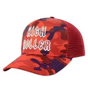 New design 5 panel camo red embroidered polyester mesh custom camo trucker hat