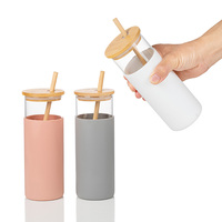 Gobelet personnalisé avec logo imprimé, sans BPA, en verre borosilicate de haute qualité, 500 ml, compatible lave-vaisselle, avec manchon en silicone, couvercle en bambou et pailles