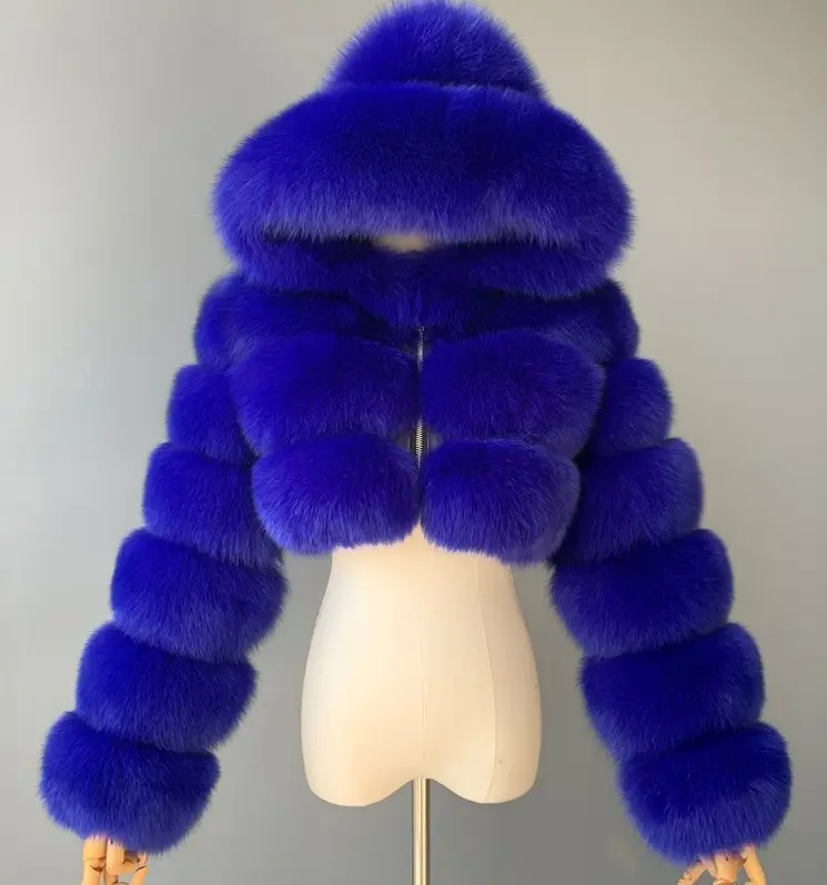 GX5083 Plus Size Lady's Trendy Short Cropped Hooded Faux Fur Jacket Fox Fur Women Casual Solid Color Ladies Clothes Sweater Coat