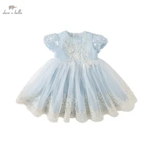 DB2233966 DAVE BELLA kızlar örgü elbise yaz çocuk elbise çocuk moda günlük prenses elbise açık mavi 24M-11Y