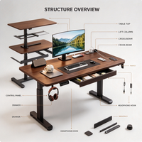 Bureau assis-debout électrique avec tiroir et crochet pour casque, hauteur réglable, double moteur, mémoire de position, pour bureau à domicile