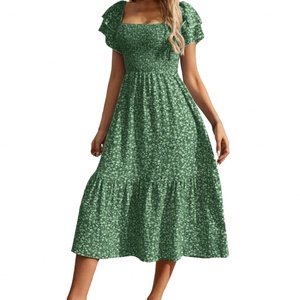 Wholesale Customized OEM/ODM High Quality <b>Dress</b> Square Neck Bubble Sleeve Floral <b>Dress</b> Casual Long <b>Dress</b> - Product Image 2