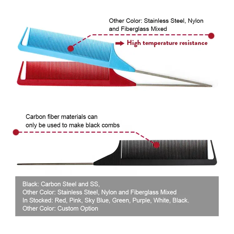 Gloway Private Label Salon Anti-Static Carbon Nylon Fiberglass Rat Tail Teasing Comb Heat Resistant Parting Comb with Logo