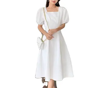 A401dot Ruffle tầng nhà thờ phong cách ăn mặc Dài Phụ nữ trắng mùa hè giản dị Dresses New đơn giản Thụy Sĩ tự nhiên thương mại đảm bảo dệt