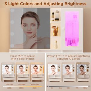 ERLEJIA Coiffeuse Moderne en Bois avec Miroir LED, 6 Tiroirs, Tabouret, Éclairage RGB et Prise de Courant - Chambre/Chambre à Coucher, <span class=keywords><strong>Blanc</strong></span> - Product Image 3
