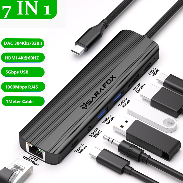 Sarafox 7in1 USB C Hub Multiport Adapter Laptop Hub Docking Station with HDMI 4K 60Hz,Gigabit Ethernet,100W PD3.5mm 384Khz Audio