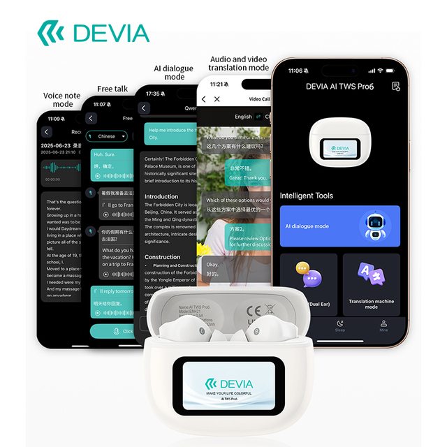 Devia Pro6 AI Translation Wireless In-Ear Earbuds White Wholesale Noise Cancelling TWS Earphones 5.4 IPX-6 Waterproof Touch