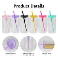 Gobelet à double paroi en acrylique transparent de 16 oz, type Mason Can, avec couvercle en plastique coloré, pour vinyle UV DTF, très vendu aux États-Unis