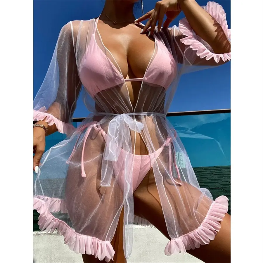 Fancy Badpak 3-delig Met Transparante Kiel Ruches Rand Roze Strandkleding Vrouwen Driehoek Sling Sexy Bikini