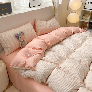 2023 nuevo Seersucker poliéster cepillado Color sólido cómodo cuatro piezas sábana funda de edredón juego de cama - Product Image 2