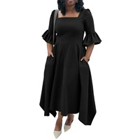 Robe mi-longue plissée taille haute à col carré et manches cloche pour femme, avec poches, couleur unie, élégante, style vintage 2026