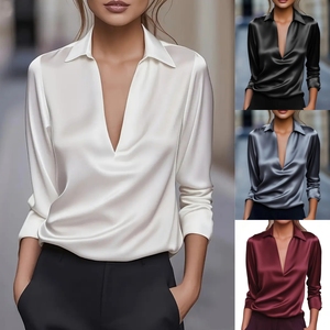 Chemise de travail élégante <span class=keywords><strong>en</strong></span> satin pour <span class=keywords><strong>femme</strong></span>, col classique, manches longues, style moderne et décontracté, hauts de créateur pour femmes - Product Image 1