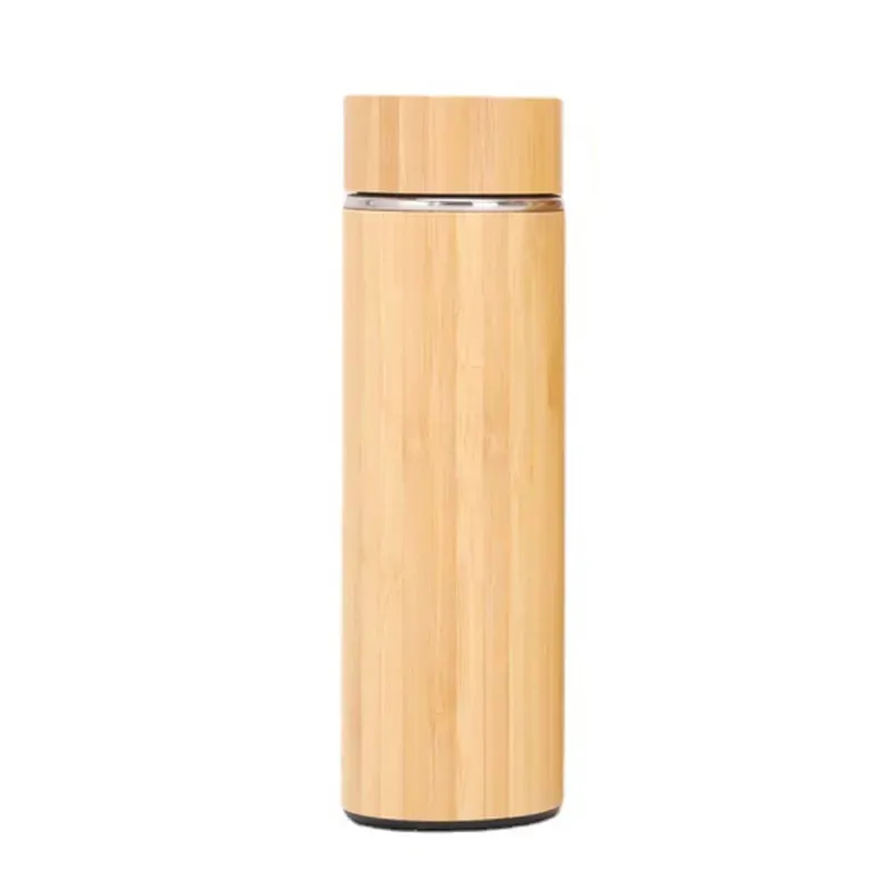 Hot Sale 500Ml Custom Natuurlijke Bamboe Rvs Water Botter Vacuüm Kolven Thermoskan Met Infuser Bpa Vrije Deksel