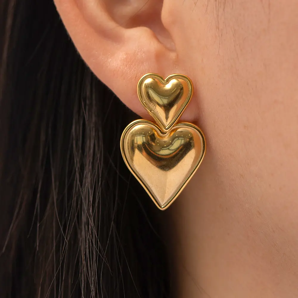 G2147 INS Trendy Jóias Double Heart Shaped Brinco Aço Inoxidável 18K PVD Banhado A Ouro Suave Love Heart Drop Stud Earrings