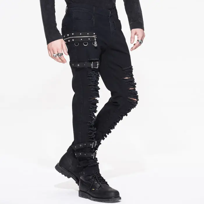 PT040 على استعداد لشحن أفضل بائع الشيطان الأزياء العلامة التجارية الشرير الصخرة ارتداء تعديل الحلقات رجالي سراويل تقليدية ممزق جينز أسود