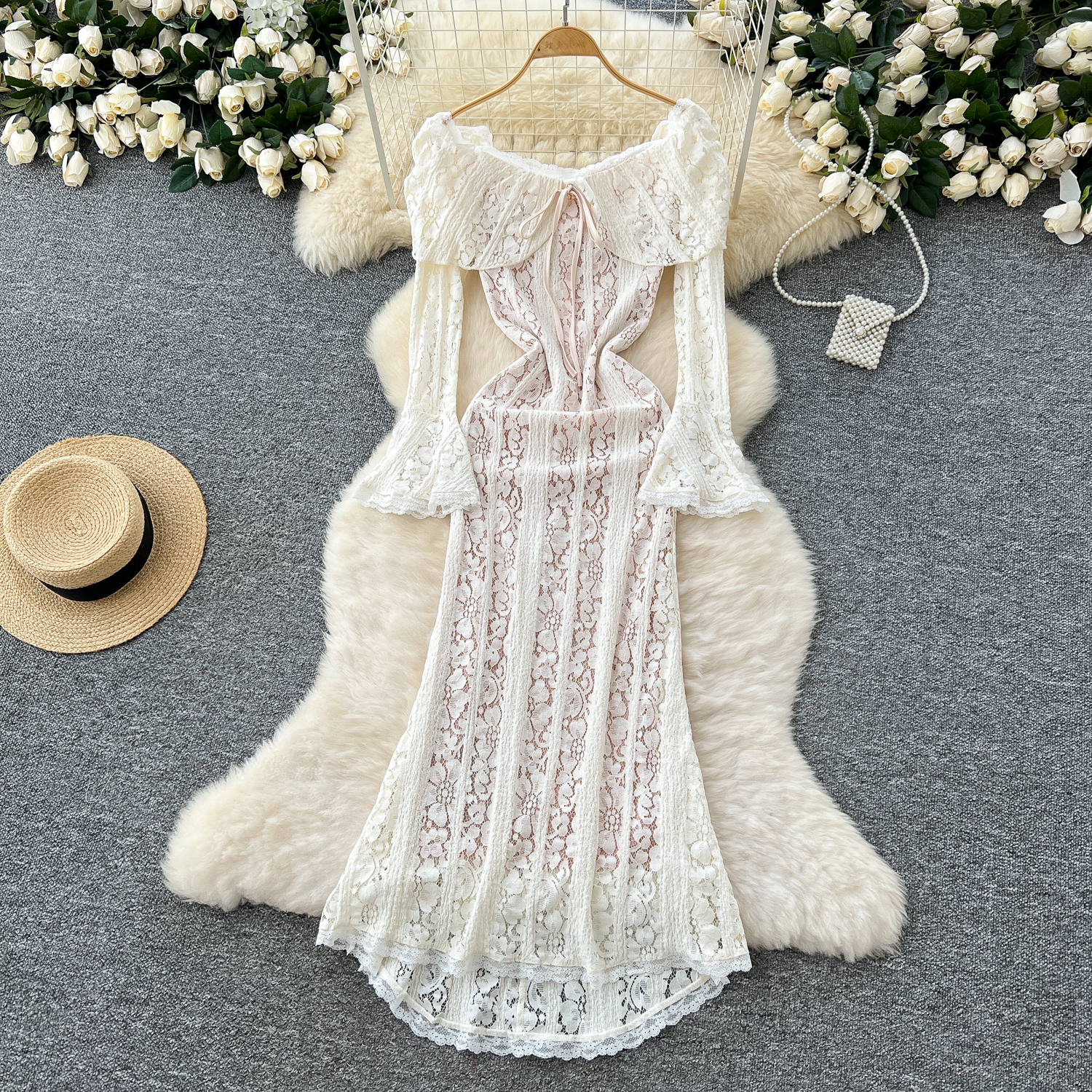 Lapel Ruffled Flared Sleeves Lace Women'S Dinner Dress Long Elegant Party Dresses Woman Lapel Ruffled Flared Sleeves Lace Women'S Dinner Dress Long Elegant Party Dresses Woman