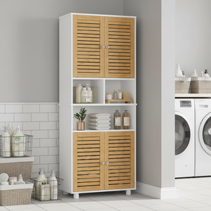 Armoire <span class=keywords><strong>de</strong></span> salle <span class=keywords><strong>de</strong></span> bain haute et moderne, gain <span class=keywords><strong>de</strong></span> place, avec 3 compartiments ouverts, étagères réglables, 4 portes en bambou pour utilisation en salle <span class=keywords><strong>de</strong></span> bain - Product Image 4