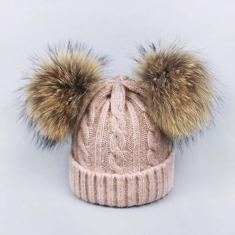 2024 2023 fashion new product design baby winter fur pompom hat real double raccoon fur pom poms beanie hats for kids