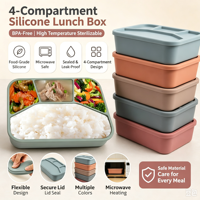 Boîte à lunch chauffable en silicone de qualité alimentaire à 4 compartiments de 1 L pour étudiants et employés de bureau