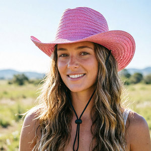 Custom Logo Cowgirl <b>Hat</b> <b>Straw</b> Pink Hollow <b>Straw</b> Fedora <b>Hat</b> Adjustable Beach Sun <b>Hat</b> With Chin Strap Unisex Adult Outdoor Wear - Product Image 3