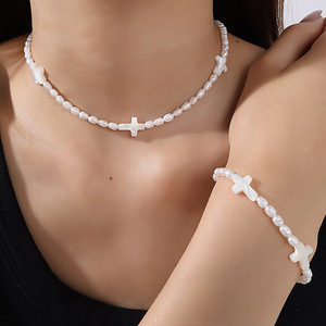 Freshwater Pearl Necklace <b>Set</b> With Cross Pendant Imitation Pearl Women's Fashion Jewelry Stainless Steel 18K Gold Plated - Product Image 4