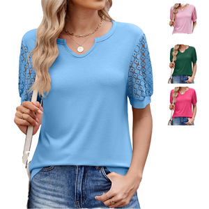 Camiseta de Punto con Cuello Redondo, Color Puro, con Encaje, Manga Larga, Corte Ajustado, Estampado Digital, Primavera-Verano 2025 - Product Image 1