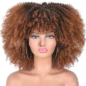 Moda Kinky Peruca Curly Afro Bomb Peruca Curly com Franja Curta Perucas Sintéticas Completas para Mulheres Negras Glueless Fluffy Ombre Brown