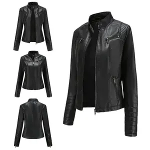 Women's Winter Fashion Leather Solid Color Jackets Slim-Fit Stand Collar Zipper Motorcycle Thin Coats 2020 Long Sleeve Outerwear