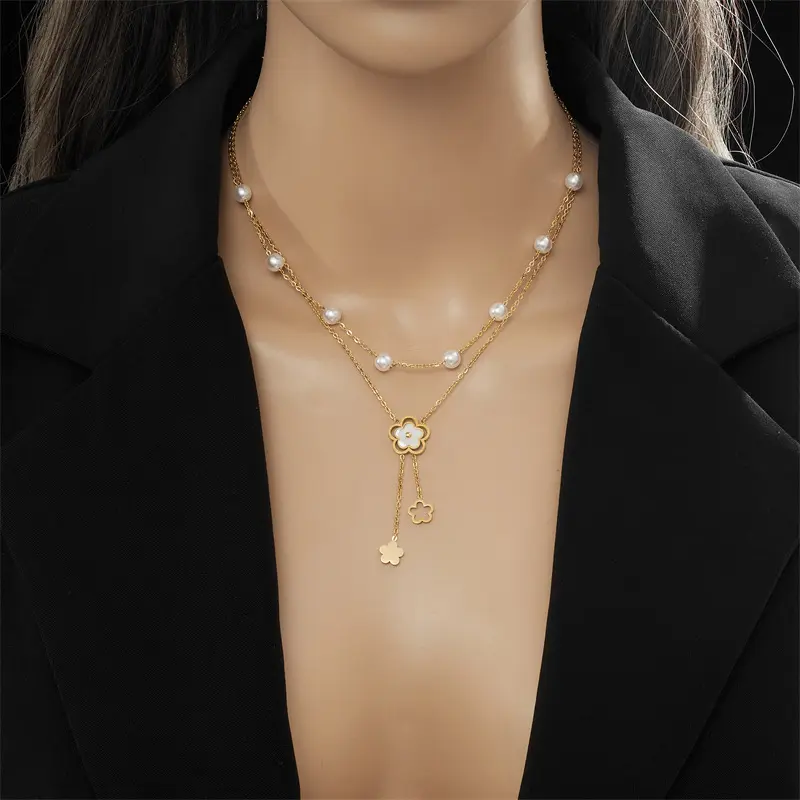 SMing Exquisite Pearl Choker Necklace Simulated-pearl Pendant Necklace for Women Fashion Cute Dainty Stainless Steel Chain