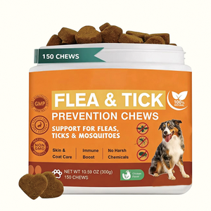 Friandises à mâcher naturelles <span class=keywords><strong>et</strong></span> biologiques pour la prévention des puces <span class=keywords><strong>et</strong></span> des tiques chez le <span class=keywords><strong>chien</strong></span>, 150 unités, saveur poulet, favorise la santé de la peau <span class=keywords><strong>et</strong></span> du pelage pour toutes les races - Product Image 1