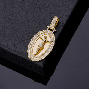 Pendentif Jésus <span class=keywords><strong>de</strong></span> forme ovale plaqué or véritable Hip Hop Heavy Christ Cross 14K - Product Image 3