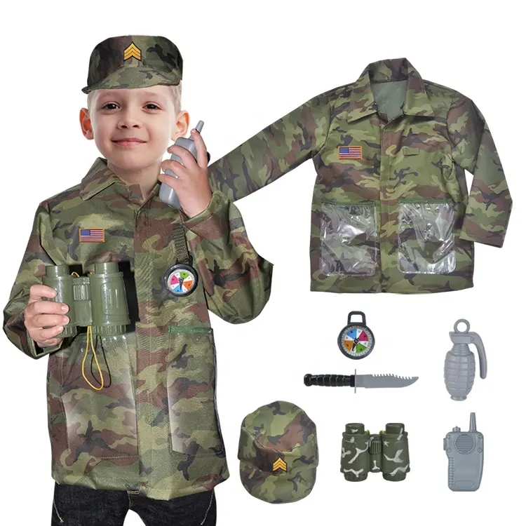 Kostum Halloween tentara anak-anak, setelan dengan topi tentara hijau Cosplay untuk anak-anak