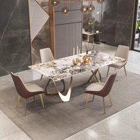 Table à manger rectangulaire moderne en marbre avec base double en acier inoxydable doré, mobilier de luxe pour villa, hôtel, appartement