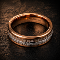 Bague Éternité Unisexe JLM Classique en Acier Inoxydable Plaqué Or Rose avec Double Rainure et Incrustation Bois, Motif Bois de Cerf/Pointe de Flèche, pour Mariage