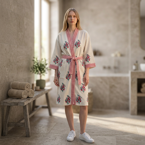 Robe longue en voile à fleurs dessinées à la main pour femme, manches longues, col en V, longueur genou, 100% coton, douce, décontractée, respirante, séchage rapide, été - Product Image 2