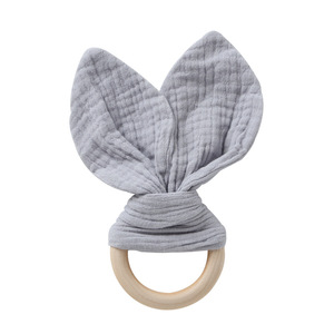 Marionnette en tissu de coton réconfortant, jouet pour bébé, aide au sommeil, avec anneau en bois, oreilles de lapin, poupée nouveau-né 31-50cm - Product Image 4