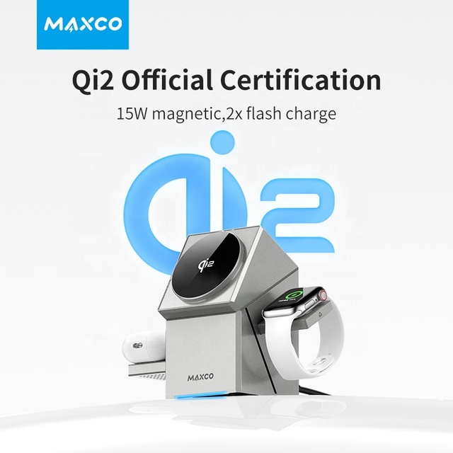 Maxco Qi2 Certified 15W 3 1 Portable Charger for iPhone Watch New Style Magnetic Wireless Charging Fast Adapters Included