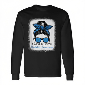I Wear Blue For Diabetes Awareness Leopard <b>Messy</b> Bun Long Sleeve T-<b>Shirt</b> - Product Image 2