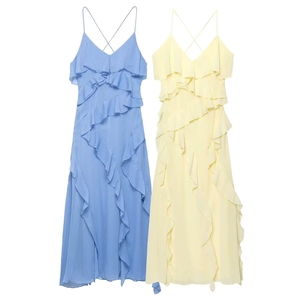 Nouvelle Robe Midi Élégante pour Femme, Décontractée, Sans Manches, à Bretelles, avec Volants Décoratifs Superposés pour <span class=keywords><strong>le</strong></span> <span class=keywords><strong>Printemps</strong></span> - Product Image 4