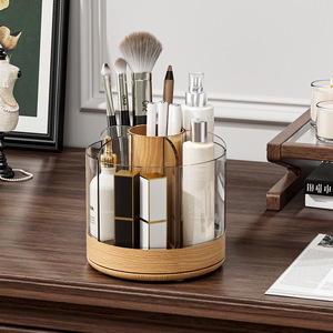 Rotating <b>Makeup</b> Organizer Wooden Grain With Partitions Desktop Storage <b>Box</b> For Brushes Pens Cosmetics - Product Image 4