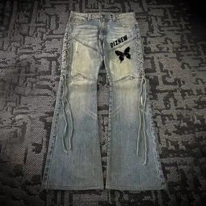 DiZNEW 2025 <span class=keywords><strong>Jeans</strong></span> da uomo <span class=keywords><strong>Premium</strong></span> in Denim lavato svasato Silhouette ispirata allo Street Style Vintage Y2K con lacci laterali - Product Image 1