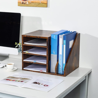 Organizador de Escritorio Rústico de Madera con Bandeja para Papel de 4 Niveles y Portadocumentos para Carpetas, Cuadernos y Organización del Espacio de Trabajo